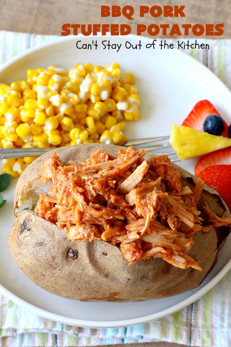 BBQ Pork Stuffed Potatoes | Can't Stay Out of the Kitchen | these amazing #StuffedPotatoes are filled with the best #BBQPork #recipe ever! Every bite is succulent & amazing. #pork #BBQ #GlutenFree #potatoes #BBQPorkStuffedPotatoes #BarbecuePork