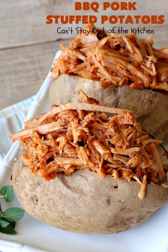 BBQ Pork Stuffed Potatoes | Can't Stay Out of the Kitchen | these amazing #StuffedPotatoes are filled with the best #BBQPork #recipe ever! Every bite is succulent & amazing. #pork #BBQ #GlutenFree #potatoes #BBQPorkStuffedPotatoes #BarbecuePork