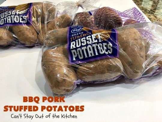 BBQ Pork Stuffed Potatoes | Can't Stay Out of the Kitchen | these amazing #StuffedPotatoes are filled with the best #BBQPork #recipe ever! Every bite is succulent & amazing. #pork #BBQ #GlutenFree #potatoes #BBQPorkStuffedPotatoes #BarbecuePork
