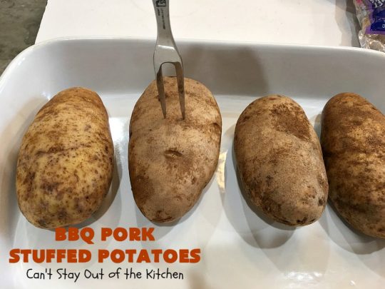 BBQ Pork Stuffed Potatoes | Can't Stay Out of the Kitchen | these amazing #StuffedPotatoes are filled with the best #BBQPork #recipe ever! Every bite is succulent & amazing. #pork #BBQ #GlutenFree #potatoes #BBQPorkStuffedPotatoes #BarbecuePork