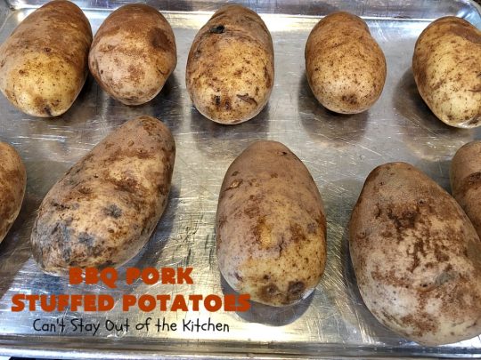 BBQ Pork Stuffed Potatoes | Can't Stay Out of the Kitchen | these amazing #StuffedPotatoes are filled with the best #BBQPork #recipe ever! Every bite is succulent & amazing. #pork #BBQ #GlutenFree #potatoes #BBQPorkStuffedPotatoes #BarbecuePork