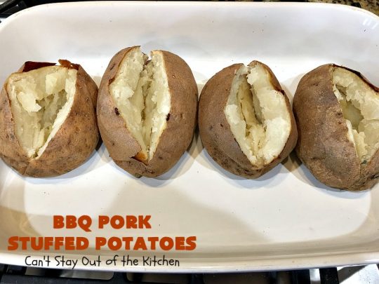 BBQ Pork Stuffed Potatoes | Can't Stay Out of the Kitchen | these amazing #StuffedPotatoes are filled with the best #BBQPork #recipe ever! Every bite is succulent & amazing. #pork #BBQ #GlutenFree #potatoes #BBQPorkStuffedPotatoes #BarbecuePork