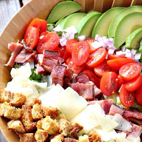 BLT Avocado Salad | Can't Stay Out of the Kitchen | we loved this delicious #bacon, lettuce & #tomato #salad with #avocados. So filling and satisfying. I made it healthier by using uncured, nitrate-free bacon & homemade #glutenfree croutons.