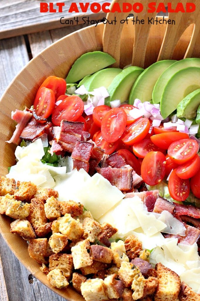 BLT Avocado Salad | Can't Stay Out of the Kitchen | we loved this delicious #bacon, lettuce & #tomato #salad with #avocados. So filling and satisfying. I made it healthier by using uncured, nitrate-free bacon & homemade #glutenfree croutons.