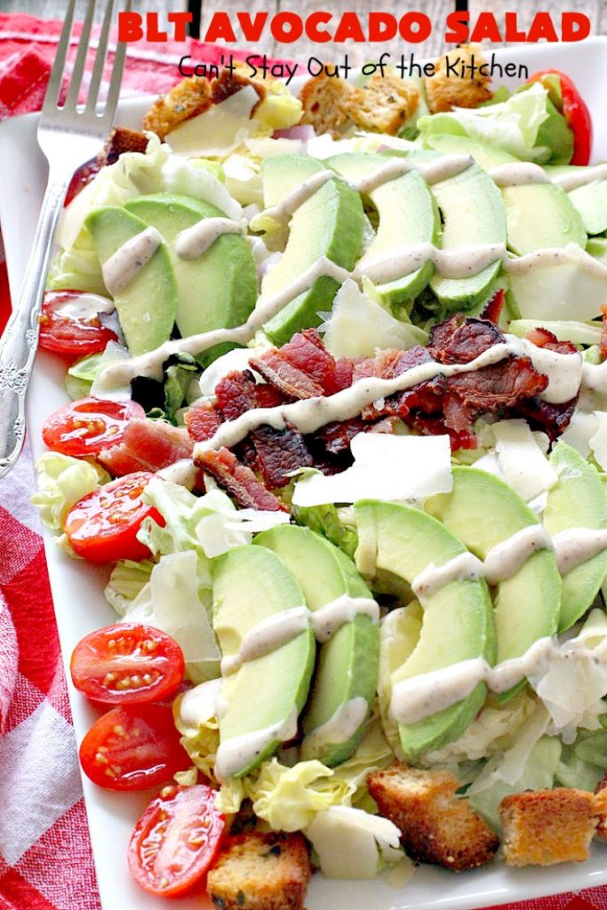 BLT Avocado Salad | Can't Stay Out of the Kitchen | we loved this delicious #bacon, lettuce & #tomato #salad with #avocados. So filling and satisfying. I made it healthier by using uncured, nitrate-free bacon & homemade #glutenfree croutons.