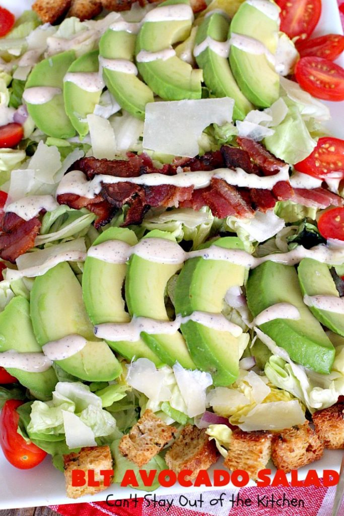 BLT Avocado Salad | Can't Stay Out of the Kitchen | we loved this delicious #bacon, lettuce & #tomato #salad with #avocados. So filling and satisfying. I made it healthier by using uncured, nitrate-free bacon & homemade #glutenfree croutons.