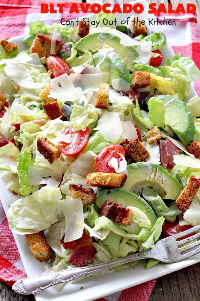 BLT Avocado Salad | Can't Stay Out of the Kitchen | we loved this delicious #bacon, lettuce & #tomato #salad with #avocados. So filling and satisfying. I made it healthier by using uncured, nitrate-free bacon & homemade #glutenfree croutons.