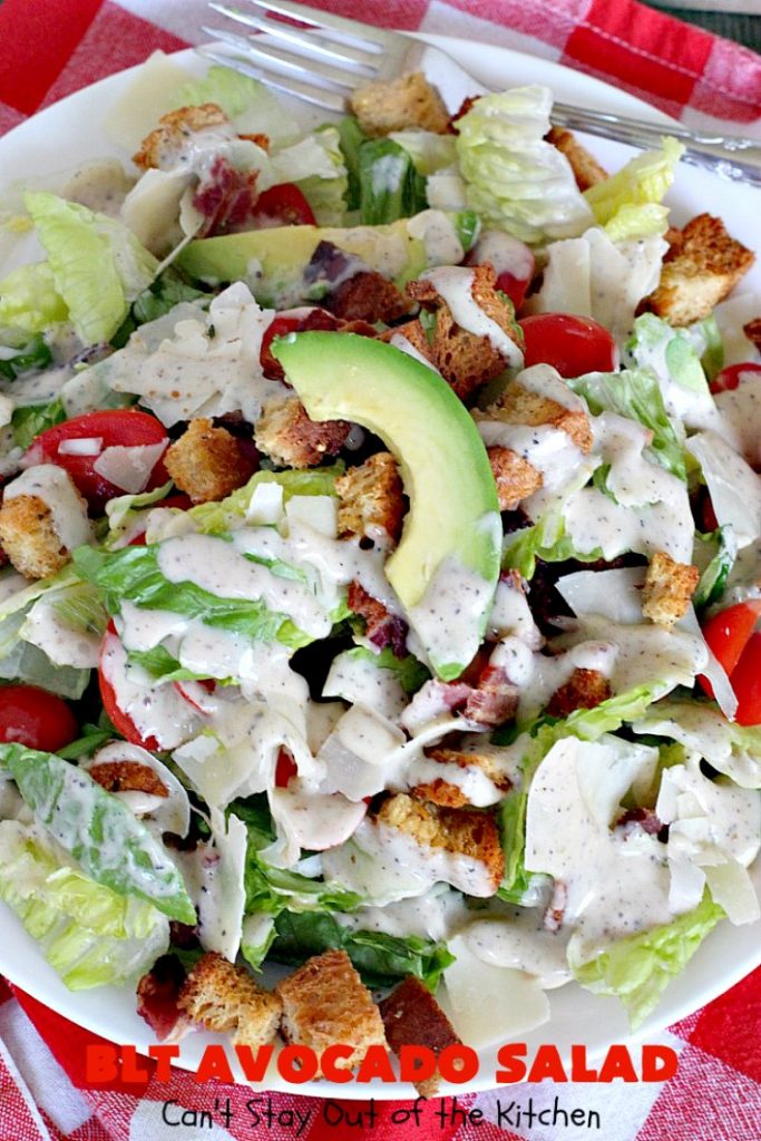 BLT Avocado Salad | Can't Stay Out of the Kitchen | we loved this delicious #bacon, lettuce & #tomato #salad with #avocados. So filling and satisfying. I made it healthier by using uncured, nitrate-free bacon & homemade #glutenfree croutons.