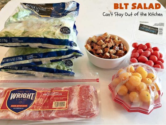 BLT Salad | Can't Stay Out of the Kitchen | This spectacular #salad takes the best of #BLT sandwiches and makes them into a salad instead! Served with a homemade creamy #parmesan dressing & homemade #GlutenFree #croutons! Amazing. #BLTSalad #bacon #CreamyParmesanDressing #tomatoes #pork
