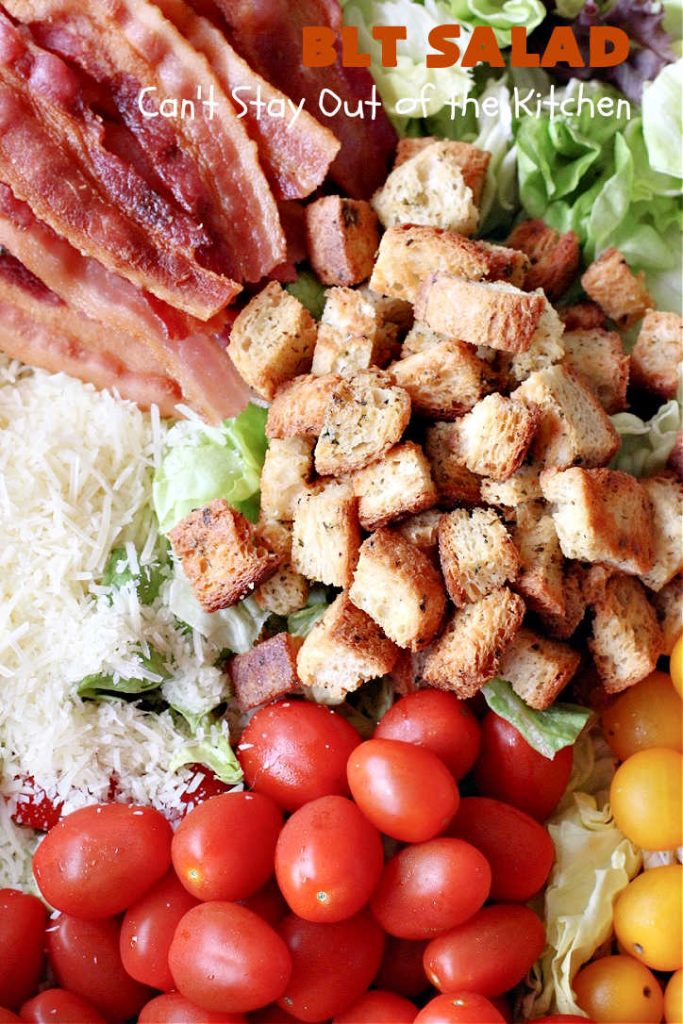 BLT Salad | Can't Stay Out of the Kitchen | This spectacular #salad takes the best of #BLT sandwiches and makes them into a salad instead! Served with a homemade creamy #parmesan dressing & homemade #GlutenFree #croutons! Amazing. #BLTSalad #bacon #CreamyParmesanDressing #tomatoes #pork