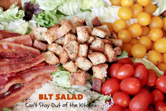 BLT Salad | Can't Stay Out of the Kitchen | This spectacular #salad takes the best of #BLT sandwiches and makes them into a salad instead! Served with a homemade creamy #parmesan dressing & homemade #GlutenFree #croutons! Amazing. #BLTSalad #bacon #CreamyParmesanDressing #tomatoes #pork