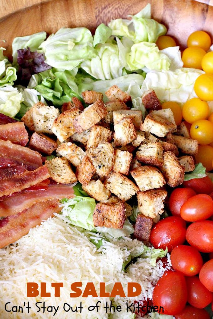 BLT Salad | Can't Stay Out of the Kitchen | This spectacular #salad takes the best of #BLT sandwiches and makes them into a salad instead! Served with a homemade creamy #parmesan dressing & homemade #GlutenFree #croutons! Amazing. #BLTSalad #bacon #CreamyParmesanDressing #tomatoes #pork