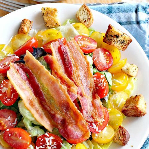BLT Salad | Can't Stay Out of the Kitchen | This spectacular #salad takes the best of #BLT sandwiches and makes them into a salad instead! Served with a homemade creamy #parmesan dressing & homemade #GlutenFree #croutons! Amazing. #BLTSalad #bacon #CreamyParmesanDressing #tomatoes #pork