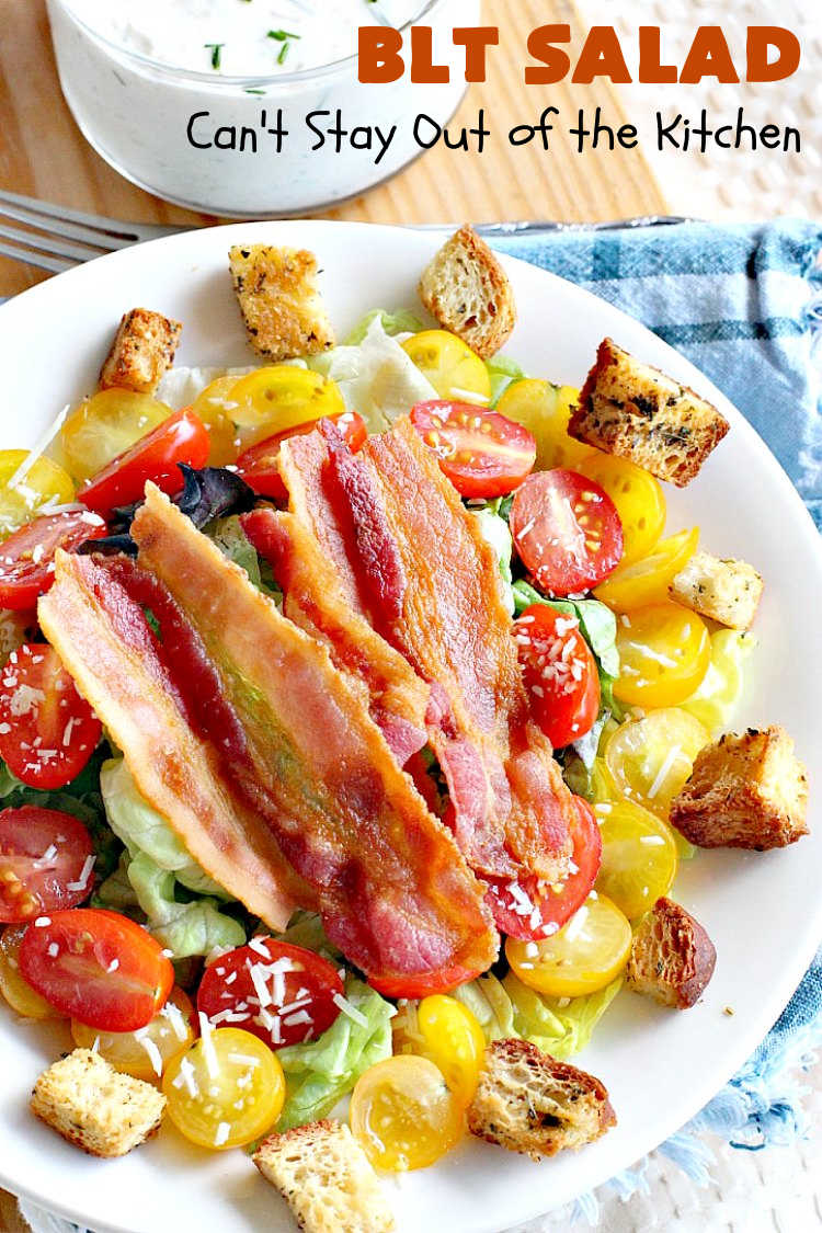 BLT Salad | Can't Stay Out of the Kitchen | This spectacular #salad takes the best of #BLT sandwiches and makes them into a salad instead! Served with a homemade creamy #parmesan dressing & homemade #GlutenFree #croutons! Amazing. #BLTSalad #bacon #CreamyParmesanDressing #tomatoes #pork