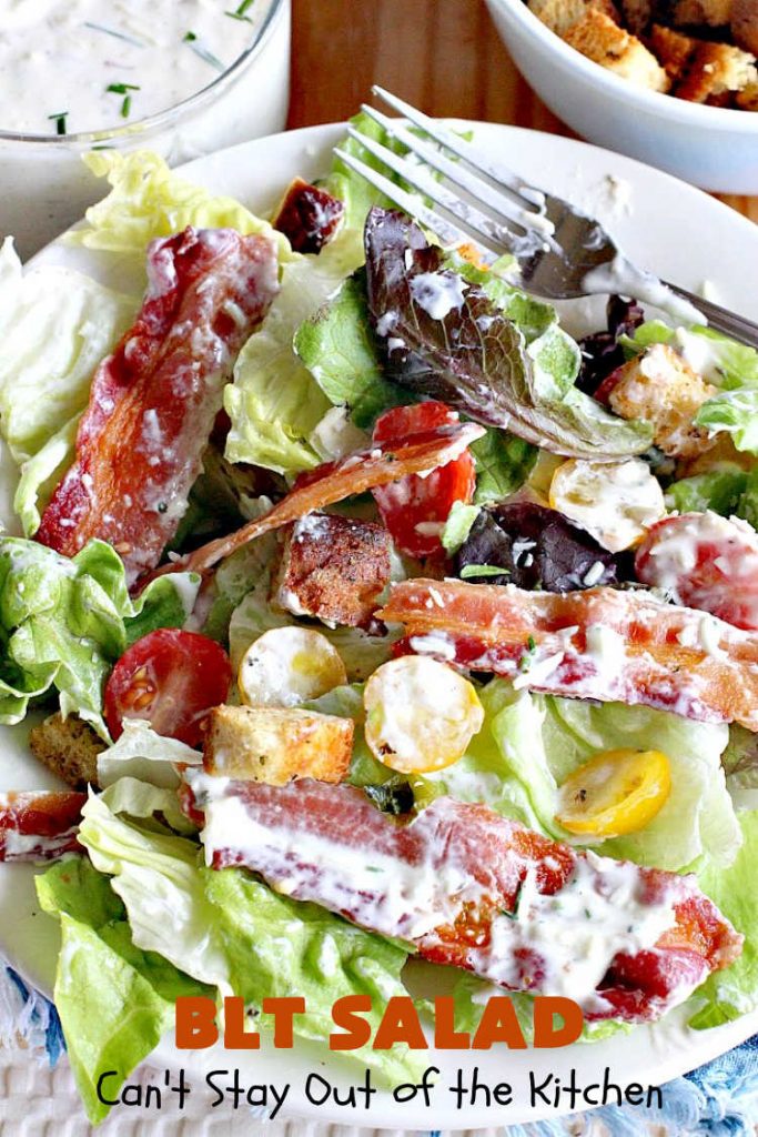 BLT Salad | Can't Stay Out of the Kitchen | This spectacular #salad takes the best of #BLT sandwiches and makes them into a salad instead! Served with a homemade creamy #parmesan dressing & homemade #GlutenFree #croutons! Amazing. #BLTSalad #bacon #CreamyParmesanDressing #tomatoes #pork