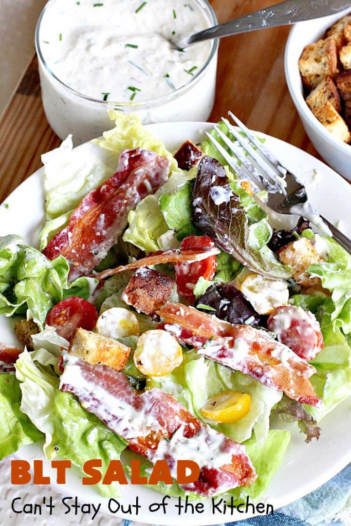 BLT Salad | Can't Stay Out of the Kitchen | This spectacular #salad takes the best of #BLT sandwiches and makes them into a salad instead! Served with a homemade creamy #parmesan dressing & homemade #GlutenFree #croutons! Amazing. #BLTSalad #bacon #CreamyParmesanDressing #tomatoes #pork