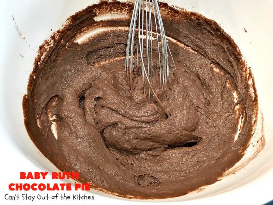 Baby Ruth Chocolate Pie | Can't Stay Out of the Kitchen | this outrageous #chocolate #pie made with #BabyRuthCandyBars so it's chocolaty & filled with #caramel. You'll swoon over every bite! #holiday #dessert #HolidayDessert #ChocolateDessert #BabyRuthChocolatePie