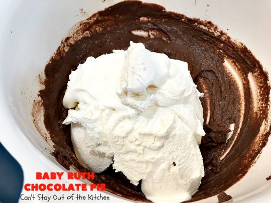 Baby Ruth Chocolate Pie | Can't Stay Out of the Kitchen | this outrageous #chocolate #pie made with #BabyRuthCandyBars so it's chocolaty & filled with #caramel. You'll swoon over every bite! #holiday #dessert #HolidayDessert #ChocolateDessert #BabyRuthChocolatePie