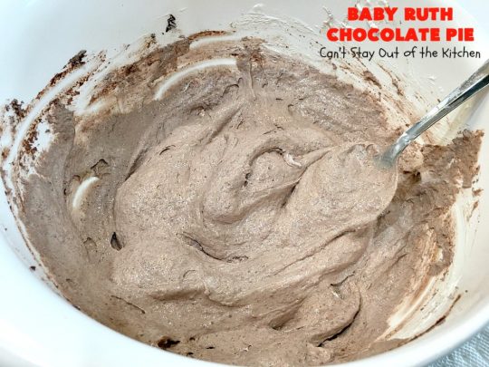 Baby Ruth Chocolate Pie | Can't Stay Out of the Kitchen | this outrageous #chocolate #pie made with #BabyRuthCandyBars so it's chocolaty & filled with #caramel. You'll swoon over every bite! #holiday #dessert #HolidayDessert #ChocolateDessert #BabyRuthChocolatePie
