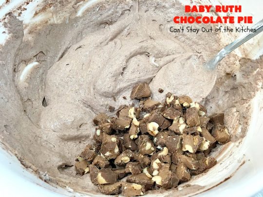 Baby Ruth Chocolate Pie | Can't Stay Out of the Kitchen | this outrageous #chocolate #pie made with #BabyRuthCandyBars so it's chocolaty & filled with #caramel. You'll swoon over every bite! #holiday #dessert #HolidayDessert #ChocolateDessert #BabyRuthChocolatePie