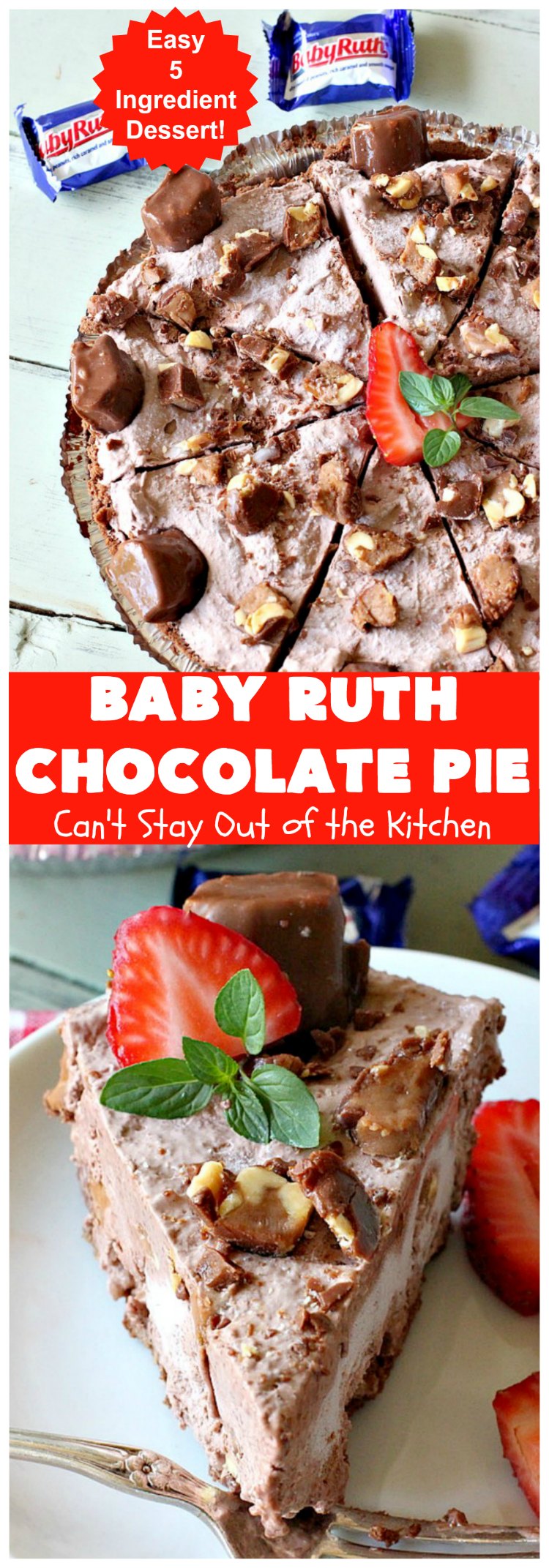 Baby Ruth Chocolate Pie | Can't Stay Out of the Kitchen | this outrageous #chocolate #pie made with #BabyRuthCandyBars so it's chocolaty & filled with #caramel. You'll swoon over every bite! #holiday #dessert #HolidayDessert #ChocolateDessert #BabyRuthChocolatePie