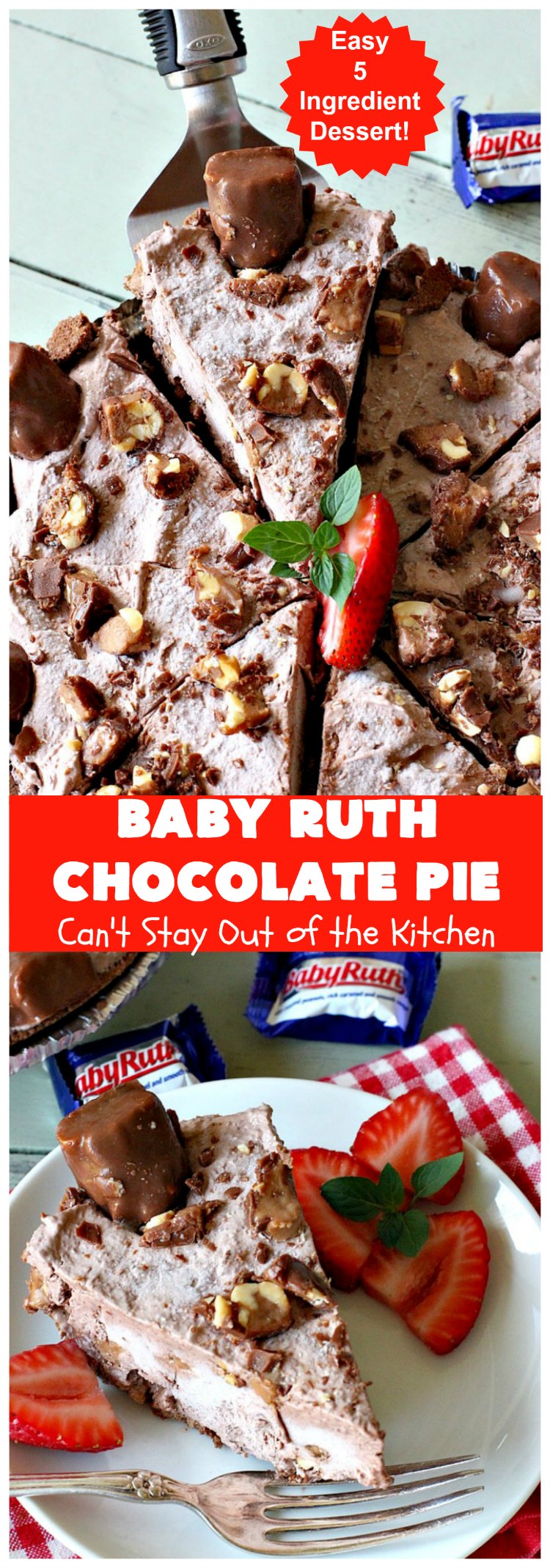 Baby Ruth Chocolate Pie | Can't Stay Out of the Kitchen | this outrageous #chocolate #pie made with #BabyRuthCandyBars so it's chocolaty & filled with #caramel. You'll swoon over every bite! #holiday #dessert #HolidayDessert #ChocolateDessert #BabyRuthChocolatePie