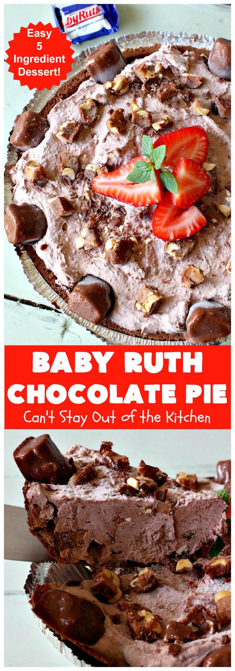 Baby Ruth Chocolate Pie | Can't Stay Out of the Kitchen | this outrageous #chocolate #pie made with #BabyRuthCandyBars so it's chocolaty & filled with #caramel. You'll swoon over every bite! #holiday #dessert #HolidayDessert #ChocolateDessert #BabyRuthChocolatePie