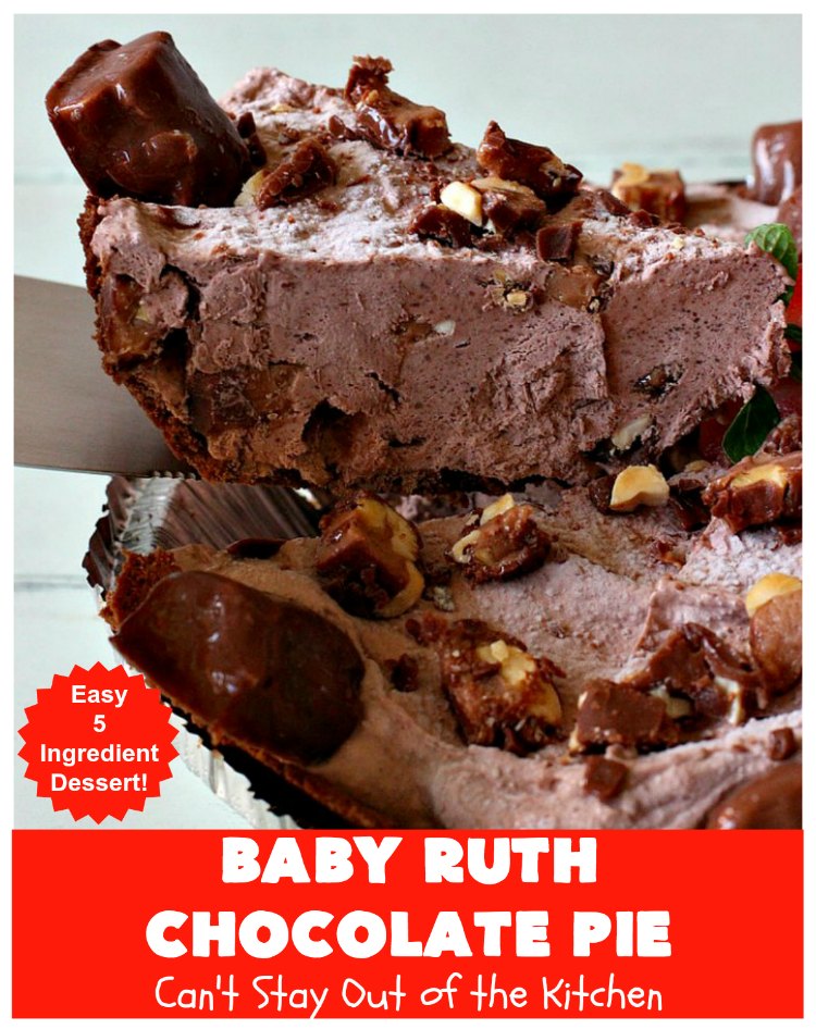 Baby Ruth Chocolate Pie | Can't Stay Out of the Kitchen | this outrageous #chocolate #pie made with #BabyRuthCandyBars so it's chocolaty & filled with #caramel. You'll swoon over every bite! #holiday #dessert #HolidayDessert #ChocolateDessert #BabyRuthChocolatePie
