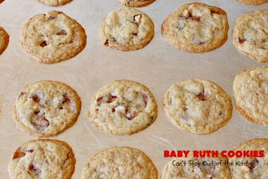 Baby Ruth Cookies | Can't Stay Out of the Kitchen | these fantastic #cookies contain loads of #BabyRuthCandyBars in each bite. They're filled with #chocolate #caramel & #peanuts. These will cure any sweet tooth craving. #dessert #Holiday #HolidayDessert #BabyRuthDessert #ChristmasCookieExchange #BabyRuthCookies #ChocolateDessert #CaramelDessert #PeanutButterDessert