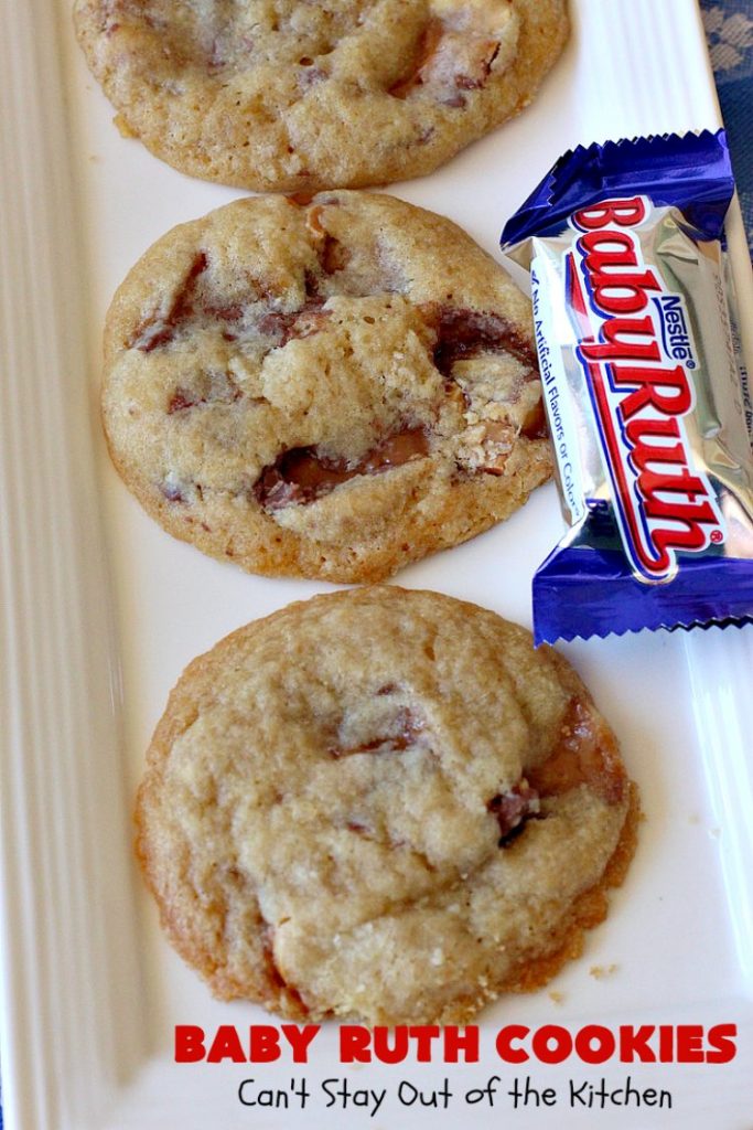 Baby Ruth Cookies | Can't Stay Out of the Kitchen | these fantastic #cookies contain loads of #BabyRuthCandyBars in each bite. They're filled with #chocolate #caramel & #peanuts. These will cure any sweet tooth craving. #dessert #Holiday #HolidayDessert #BabyRuthDessert #ChristmasCookieExchange #BabyRuthCookies #ChocolateDessert #CaramelDessert #PeanutButterDessert