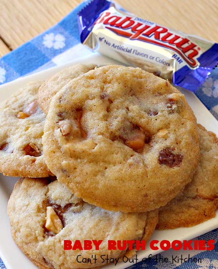 Baby Ruth Cookies | Can't Stay Out of the Kitchen | these fantastic #cookies contain loads of #BabyRuthCandyBars in each bite. They're filled with #chocolate #caramel & #peanuts. These will cure any sweet tooth craving. #dessert #Holiday #HolidayDessert #BabyRuthDessert #ChristmasCookieExchange #BabyRuthCookies #ChocolateDessert #CaramelDessert #PeanutButterDessert