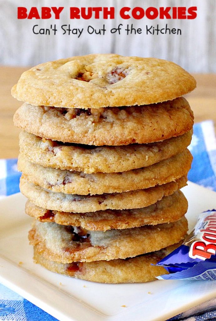 Baby Ruth Cookies | Can't Stay Out of the Kitchen | these fantastic #cookies contain loads of #BabyRuthCandyBars in each bite. They're filled with #chocolate #caramel & #peanuts. These will cure any sweet tooth craving. #dessert #Holiday #HolidayDessert #BabyRuthDessert #ChristmasCookieExchange #BabyRuthCookies #ChocolateDessert #CaramelDessert #PeanutButterDessert