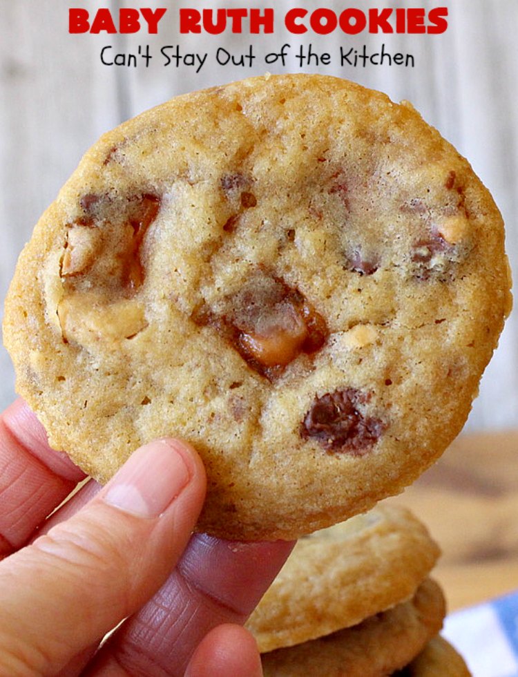 Baby Ruth Cookies | Can't Stay Out of the Kitchen | these fantastic #cookies contain loads of #BabyRuthCandyBars in each bite. They're filled with #chocolate #caramel & #peanuts. These will cure any sweet tooth craving. #dessert #Holiday #HolidayDessert #BabyRuthDessert #ChristmasCookieExchange #BabyRuthCookies #ChocolateDessert #CaramelDessert #PeanutButterDessert