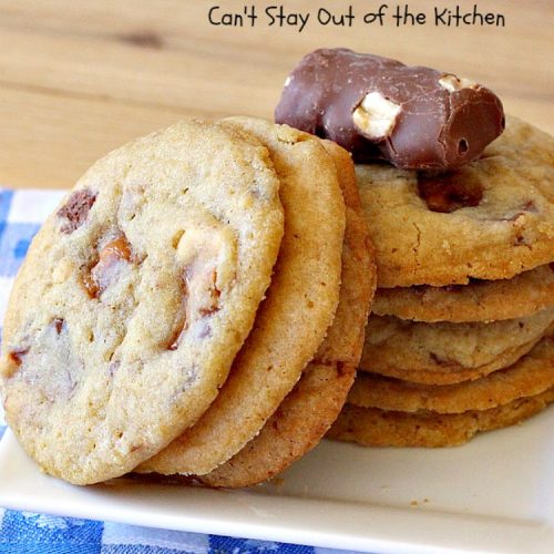 Baby Ruth Cookies | Can't Stay Out of the Kitchen | these fantastic #cookies contain loads of #BabyRuthCandyBars in each bite. They're filled with #chocolate #caramel & #peanuts. These will cure any sweet tooth craving. #dessert #Holiday #HolidayDessert #BabyRuthDessert #ChristmasCookieExchange #BabyRuthCookies #ChocolateDessert #CaramelDessert #PeanutButterDessert