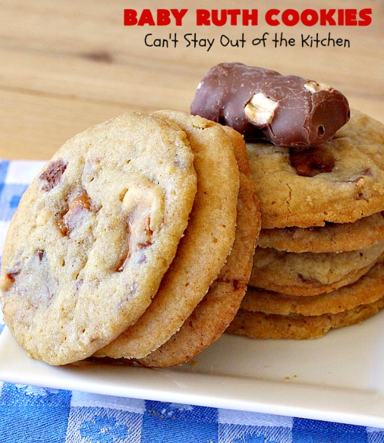 Baby Ruth Cookies | Can't Stay Out of the Kitchen | these fantastic #cookies contain loads of #BabyRuthCandyBars in each bite. They're filled with #chocolate #caramel & #peanuts. These will cure any sweet tooth craving. #dessert #Holiday #HolidayDessert #BabyRuthDessert #ChristmasCookieExchange #BabyRuthCookies #ChocolateDessert #CaramelDessert #PeanutButterDessert