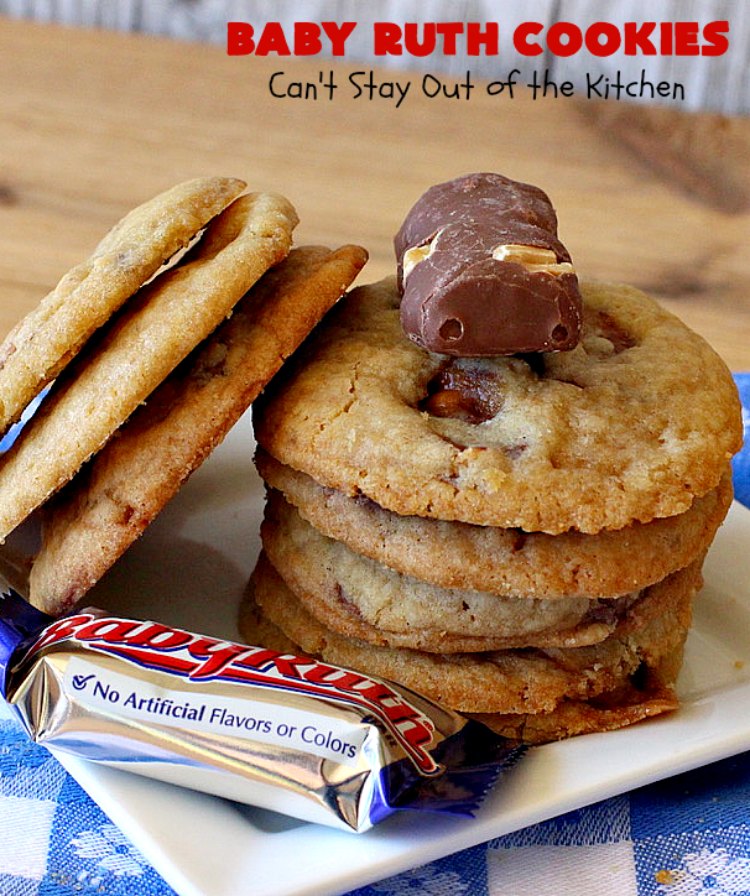 Baby Ruth Cookies | Can't Stay Out of the Kitchen | these fantastic #cookies contain loads of #BabyRuthCandyBars in each bite. They're filled with #chocolate #caramel & #peanuts. These will cure any sweet tooth craving. #dessert #Holiday #HolidayDessert #BabyRuthDessert #ChristmasCookieExchange #BabyRuthCookies #ChocolateDessert #CaramelDessert #PeanutButterDessert