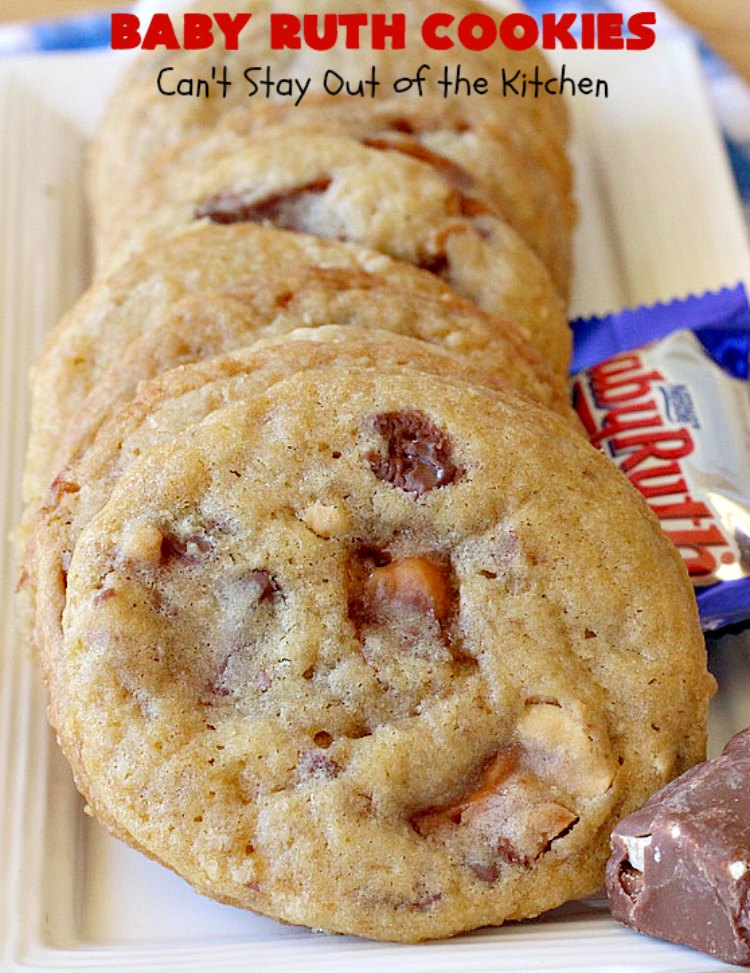 Baby Ruth Cookies | Can't Stay Out of the Kitchen | these fantastic #cookies contain loads of #BabyRuthCandyBars in each bite. They're filled with #chocolate #caramel & #peanuts. These will cure any sweet tooth craving. #dessert #Holiday #HolidayDessert #BabyRuthDessert #ChristmasCookieExchange #BabyRuthCookies #ChocolateDessert #CaramelDessert #PeanutButterDessert