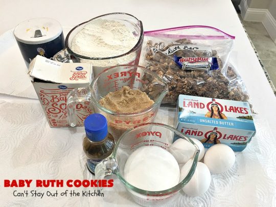 Baby Ruth Cookies | Can't Stay Out of the Kitchen | these fantastic #cookies contain loads of #BabyRuthCandyBars in each bite. They're filled with #chocolate #caramel & #peanuts. These will cure any sweet tooth craving. #dessert #Holiday #HolidayDessert #BabyRuthDessert #ChristmasCookieExchange #BabyRuthCookies #ChocolateDessert #CaramelDessert #PeanutButterDessert