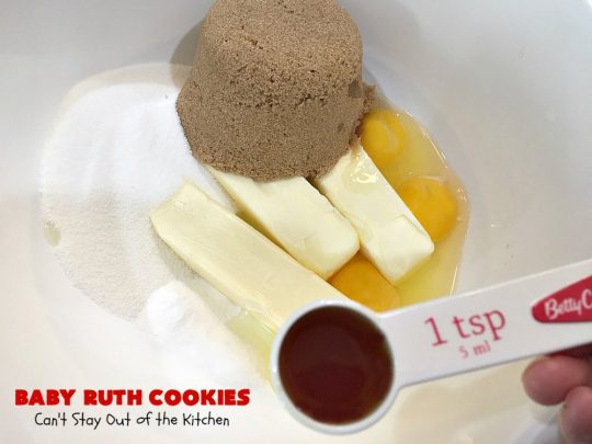 Baby Ruth Cookies | Can't Stay Out of the Kitchen | these fantastic #cookies contain loads of #BabyRuthCandyBars in each bite. They're filled with #chocolate #caramel & #peanuts. These will cure any sweet tooth craving. #dessert #Holiday #HolidayDessert #BabyRuthDessert #ChristmasCookieExchange #BabyRuthCookies #ChocolateDessert #CaramelDessert #PeanutButterDessert