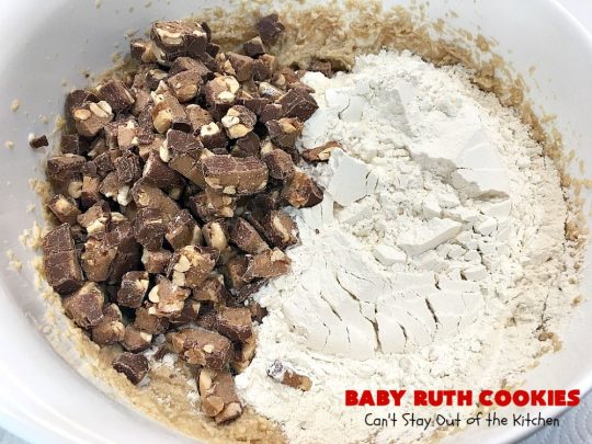 Baby Ruth Cookies | Can't Stay Out of the Kitchen | these fantastic #cookies contain loads of #BabyRuthCandyBars in each bite. They're filled with #chocolate #caramel & #peanuts. These will cure any sweet tooth craving. #dessert #Holiday #HolidayDessert #BabyRuthDessert #ChristmasCookieExchange #BabyRuthCookies #ChocolateDessert #CaramelDessert #PeanutButterDessert