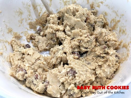 Baby Ruth Cookies | Can't Stay Out of the Kitchen | these fantastic #cookies contain loads of #BabyRuthCandyBars in each bite. They're filled with #chocolate #caramel & #peanuts. These will cure any sweet tooth craving. #dessert #Holiday #HolidayDessert #BabyRuthDessert #ChristmasCookieExchange #BabyRuthCookies #ChocolateDessert #CaramelDessert #PeanutButterDessert
