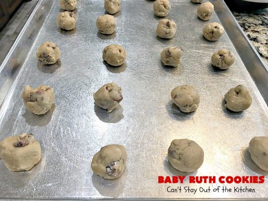 Baby Ruth Cookies | Can't Stay Out of the Kitchen | these fantastic #cookies contain loads of #BabyRuthCandyBars in each bite. They're filled with #chocolate #caramel & #peanuts. These will cure any sweet tooth craving. #dessert #Holiday #HolidayDessert #BabyRuthDessert #ChristmasCookieExchange #BabyRuthCookies #ChocolateDessert #CaramelDessert #PeanutButterDessert