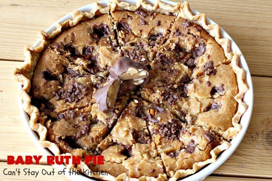 Baby Ruth Pie | Can't Stay Out of the Kitchen | this outrageously delicious #pie is made with #BabyRuthBars. It has all the #chocolate,#caramel & #peanut flavor you love in a #dessert. If you enjoy #BabyRuth candy bars, you'll go crazy over this amazing pie. #ValentinesDay #holiday #HolidayDessert #PeanutButterDessert #ChocolateDessert #CaramelDessert #BabyRuthPie