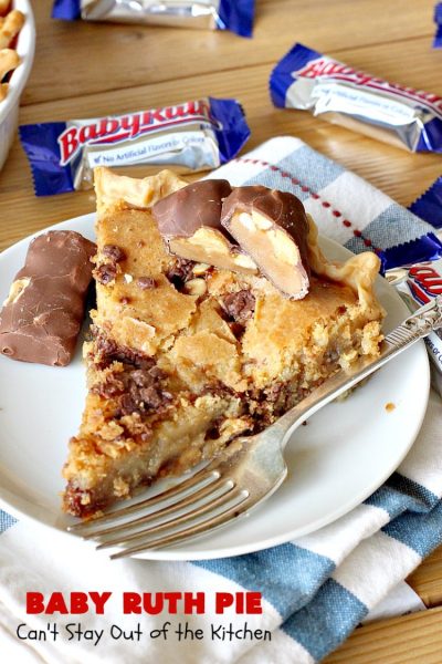 Baby Ruth Pie | Can't Stay Out of the Kitchen | this outrageously delicious #pie is made with #BabyRuthBars. It has all the #chocolate,#caramel & #peanut flavor you love in a #dessert. If you enjoy #BabyRuth candy bars, you'll go crazy over this amazing pie. #ValentinesDay #holiday #HolidayDessert #PeanutButterDessert #ChocolateDessert #CaramelDessert #BabyRuthPie