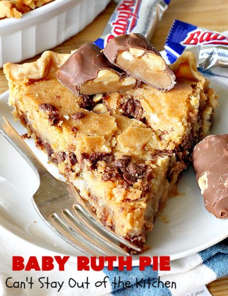 Baby Ruth Pie | Can't Stay Out of the Kitchen | this outrageously delicious #pie is made with #BabyRuthBars. It has all the #chocolate,#caramel & #peanut flavor you love in a #dessert. If you enjoy #BabyRuth candy bars, you'll go crazy over this amazing pie. #ValentinesDay #holiday #HolidayDessert #PeanutButterDessert #ChocolateDessert #CaramelDessert #BabyRuthPie