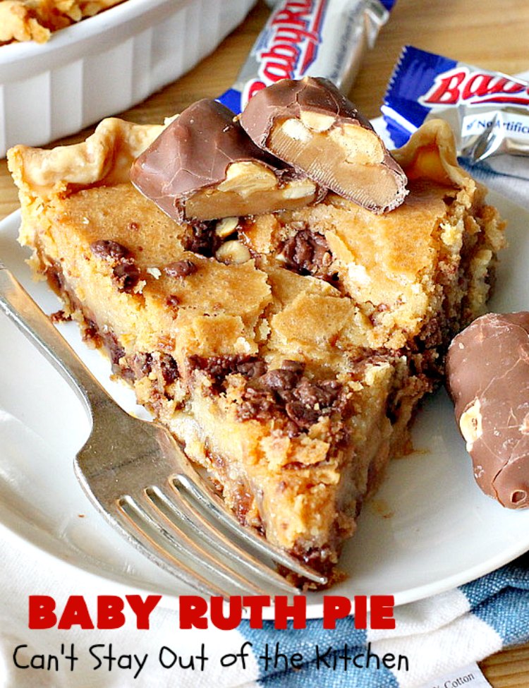 Baby Ruth Pie | Can't Stay Out of the Kitchen | this outrageously delicious #pie is made with #BabyRuthBars. It has all the #chocolate,#caramel & #peanut flavor you love in a #dessert. If you enjoy #BabyRuth candy bars, you'll go crazy over this amazing pie. #ValentinesDay #holiday #HolidayDessert #PeanutButterDessert #ChocolateDessert #CaramelDessert #BabyRuthPie