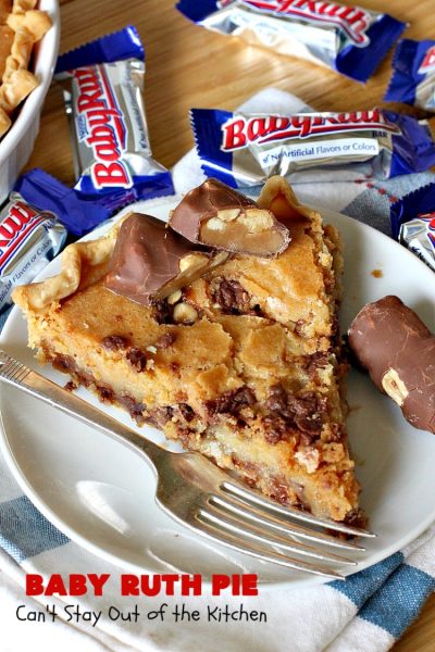 Baby Ruth Pie | Can't Stay Out of the Kitchen | this outrageously delicious #pie is made with #BabyRuthBars. It has all the #chocolate,#caramel & #peanut flavor you love in a #dessert. If you enjoy #BabyRuth candy bars, you'll go crazy over this amazing pie. #ValentinesDay #holiday #HolidayDessert #PeanutButterDessert #ChocolateDessert #CaramelDessert #BabyRuthPie