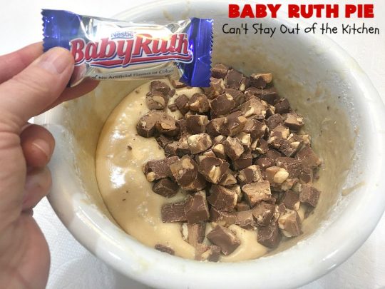 Baby Ruth Pie | Can't Stay Out of the Kitchen | this outrageously delicious #pie is made with #BabyRuthBars. It has all the #chocolate,#caramel & #peanut flavor you love in a #dessert. If you enjoy #BabyRuth candy bars, you'll go crazy over this amazing pie. #ValentinesDay #holiday #HolidayDessert #PeanutButterDessert #ChocolateDessert #CaramelDessert #BabyRuthPie