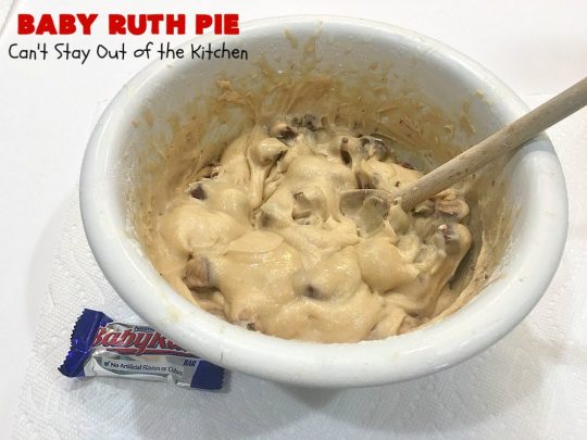 Baby Ruth Pie | Can't Stay Out of the Kitchen | this outrageously delicious #pie is made with #BabyRuthBars. It has all the #chocolate,#caramel & #peanut flavor you love in a #dessert. If you enjoy #BabyRuth candy bars, you'll go crazy over this amazing pie. #ValentinesDay #holiday #HolidayDessert #PeanutButterDessert #ChocolateDessert #CaramelDessert #BabyRuthPie