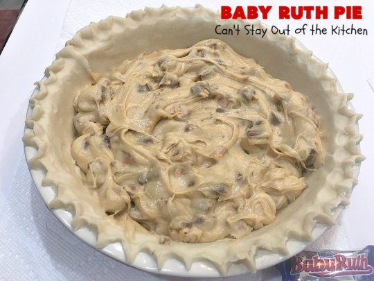 Baby Ruth Pie | Can't Stay Out of the Kitchen | this outrageously delicious #pie is made with #BabyRuthBars. It has all the #chocolate,#caramel & #peanut flavor you love in a #dessert. If you enjoy #BabyRuth candy bars, you'll go crazy over this amazing pie. #ValentinesDay #holiday #HolidayDessert #PeanutButterDessert #ChocolateDessert #CaramelDessert #BabyRuthPie